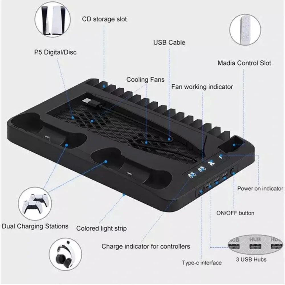 Black PS5 cooling stand w/remote charger docks